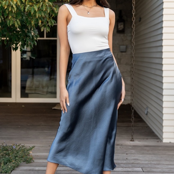Baltic Born Celeste Satin Midi Skirt | Steel Blue Size SS - Picture 3 of 5